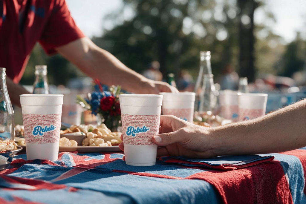 MADdesign Ole Miss Rebels foam party cups with team graphics held at an outdoor tailgate gathering.