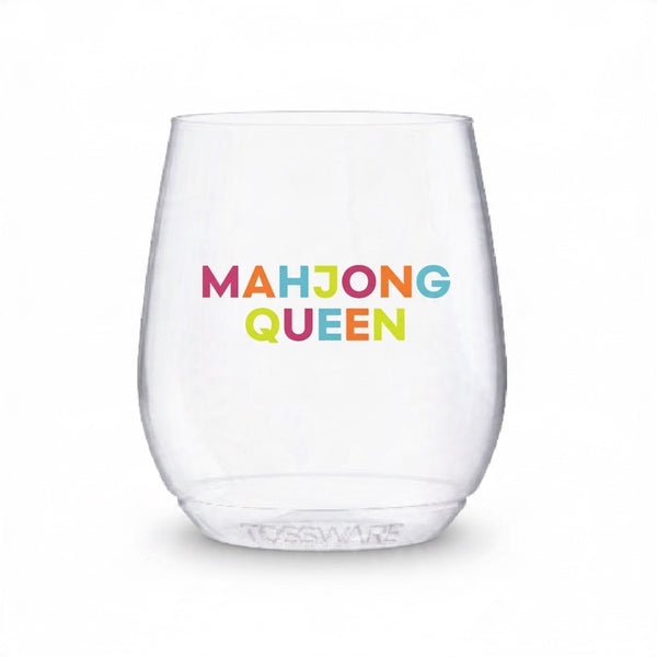 MADdesign Mahjong Queen shatterproof wine glass with colorful text, perfect for mahjong game nights.